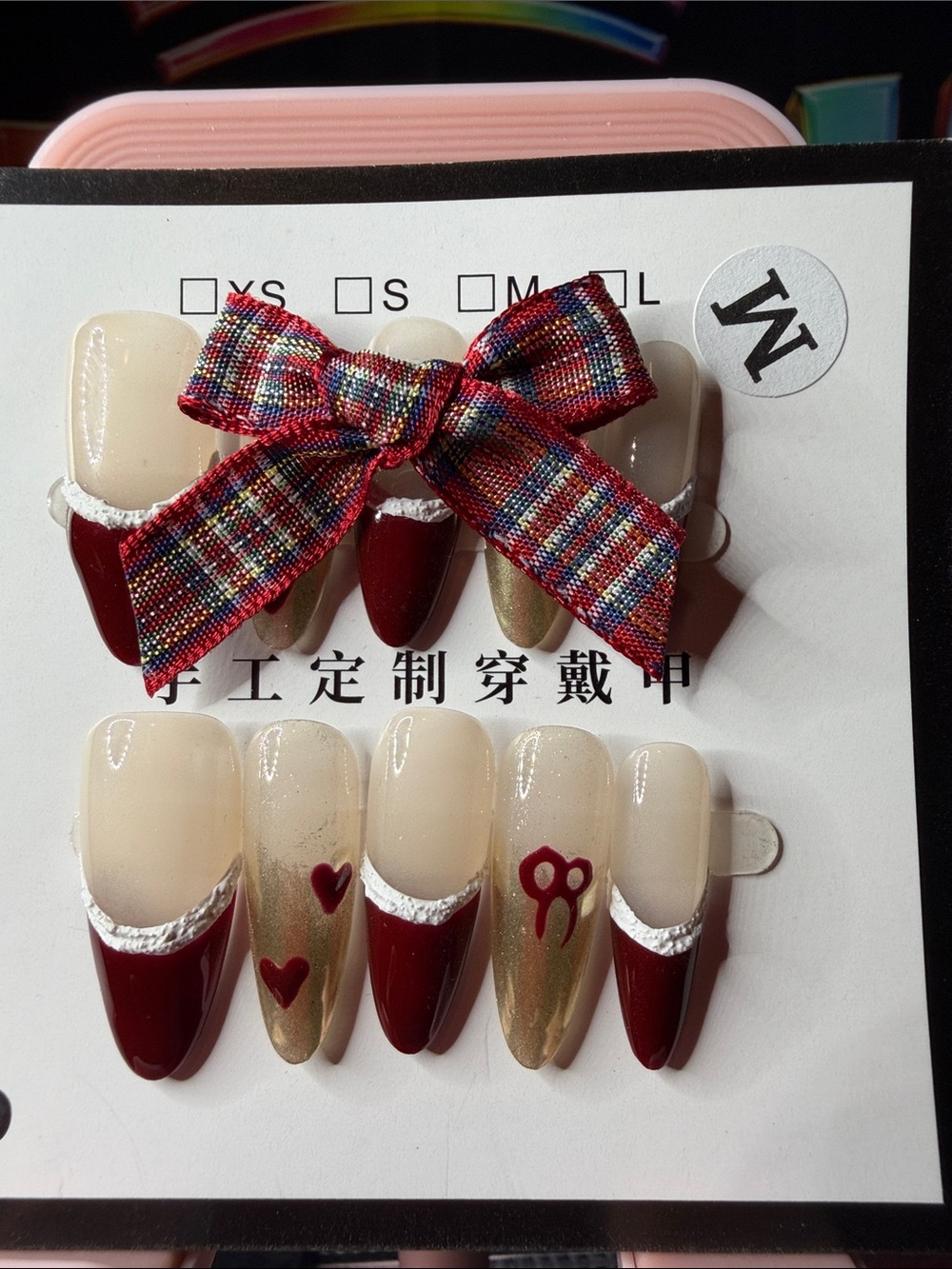Burgundy & Gold Plaid Bow Press-On Nail Set